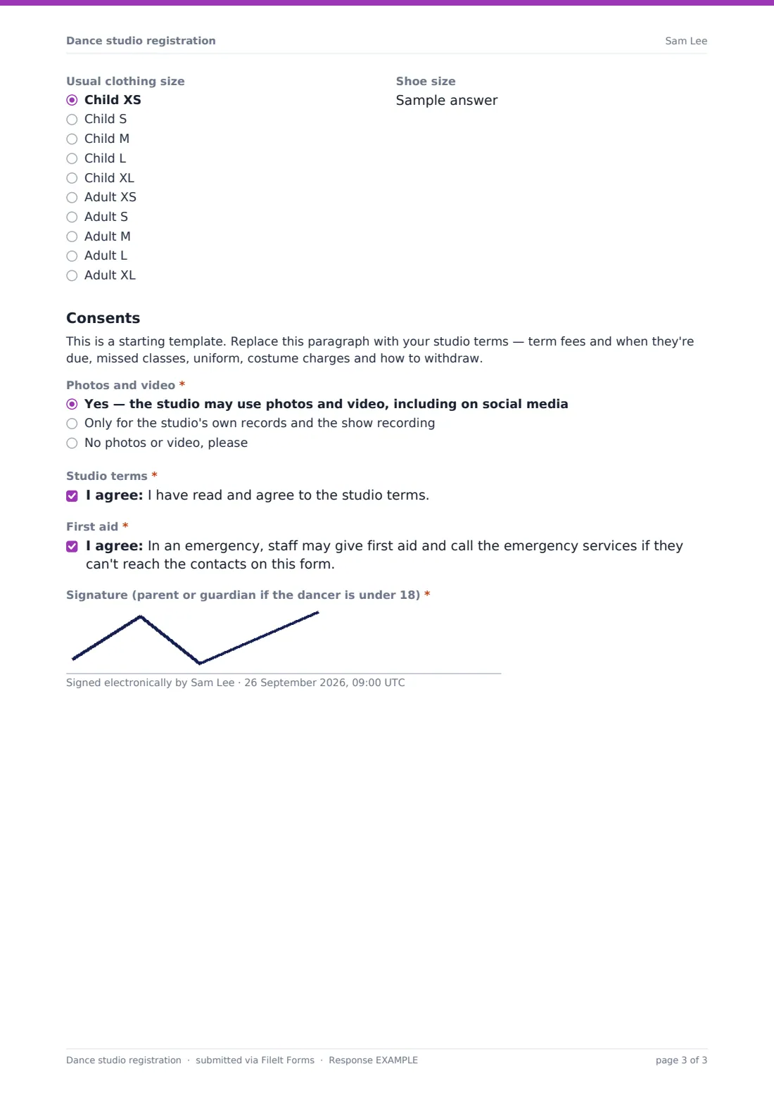 Dance studio registration — example response PDF, page 3 of 3