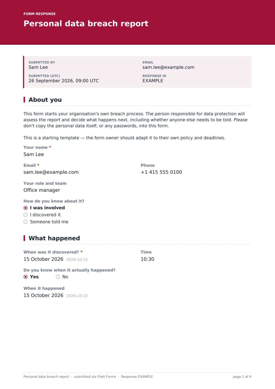 Personal data breach report — example response PDF, page 1 of 4