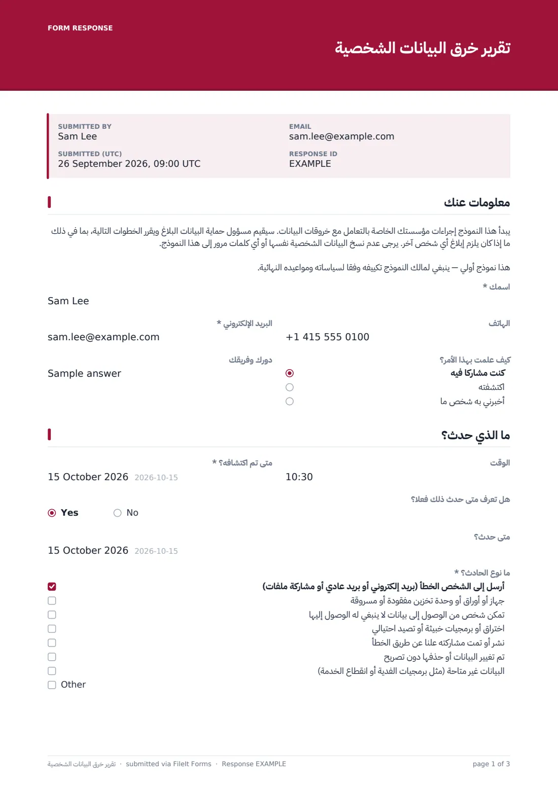 تقرير خرق البيانات الشخصية — ملف PDF لرد نموذجي، الصفحة 1 من 3