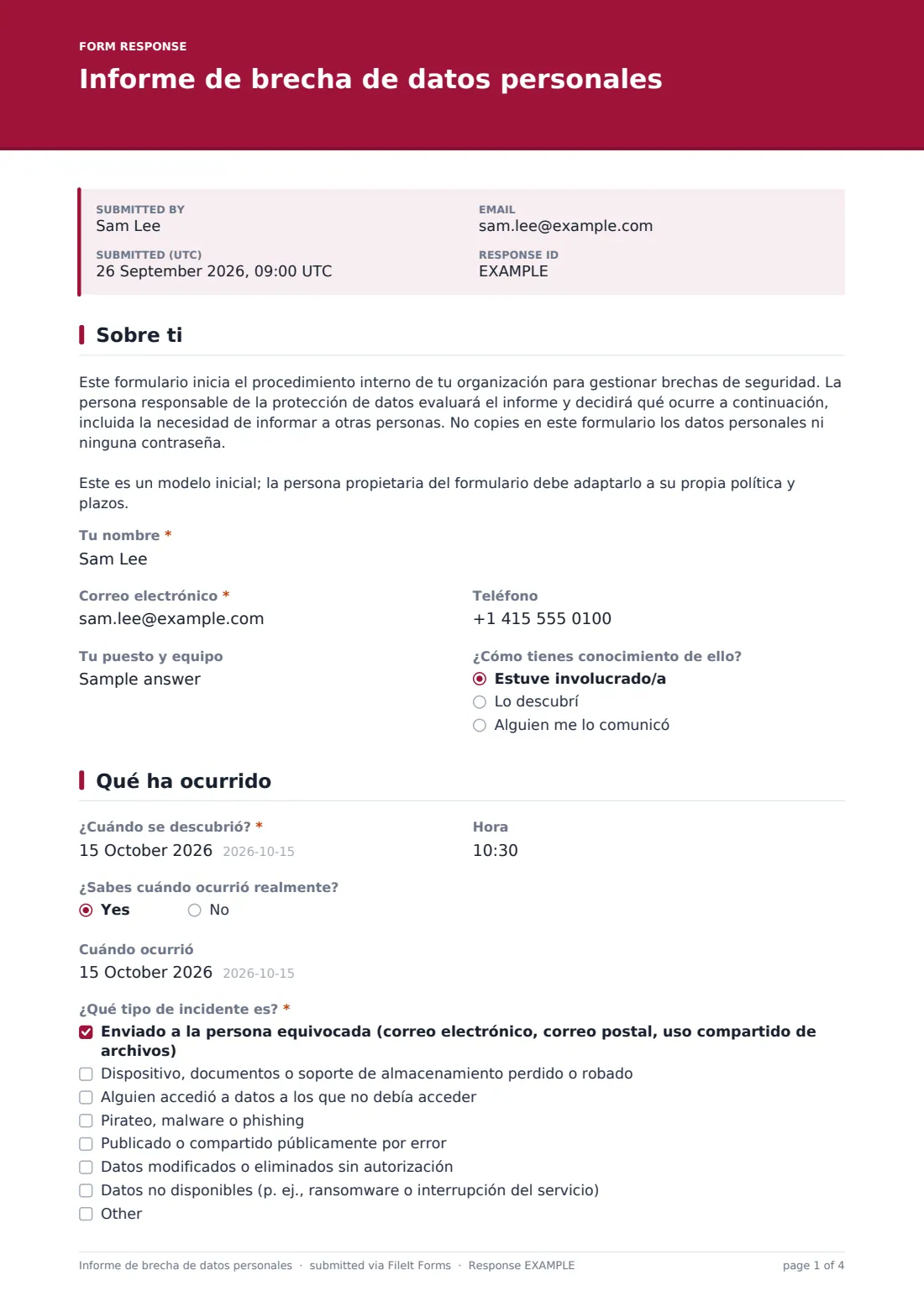 Informe de brecha de datos personales — PDF de respuesta de ejemplo, página 1 de 4