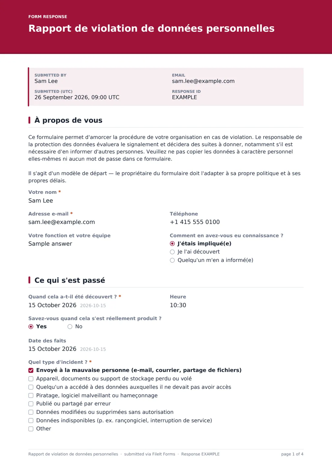 Rapport de violation de données personnelles — exemple de réponse au format PDF, page 1 sur 4