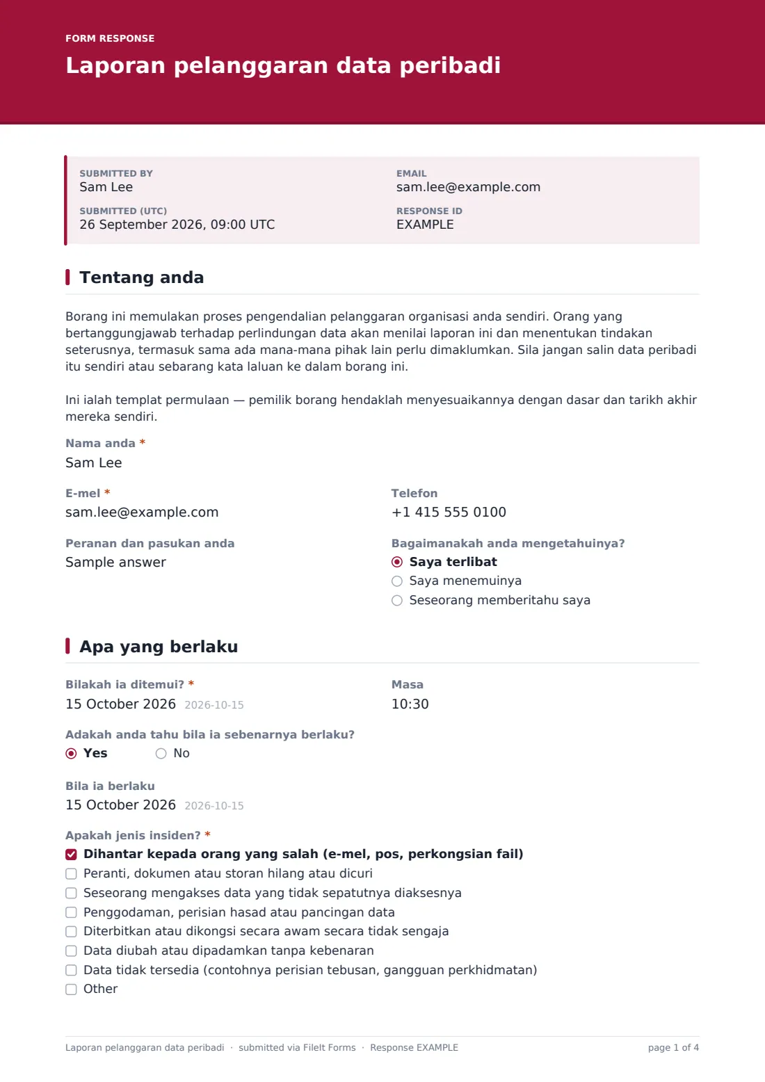 Laporan pelanggaran data peribadi — PDF respons contoh, halaman 1 daripada 4