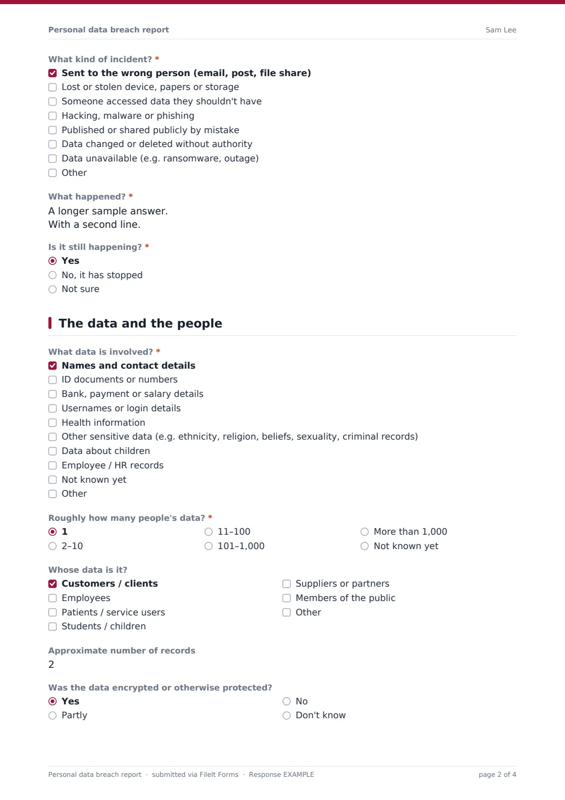 Personal data breach report — example response PDF, page 2 of 4
