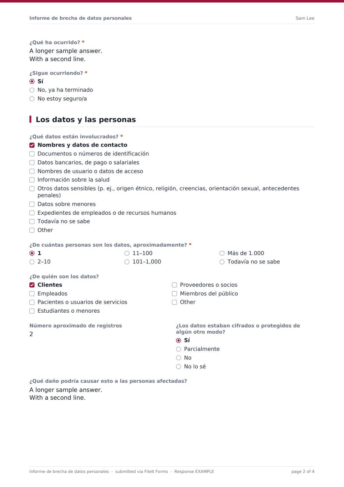 Informe de brecha de datos personales — PDF de respuesta de ejemplo, página 2 de 4