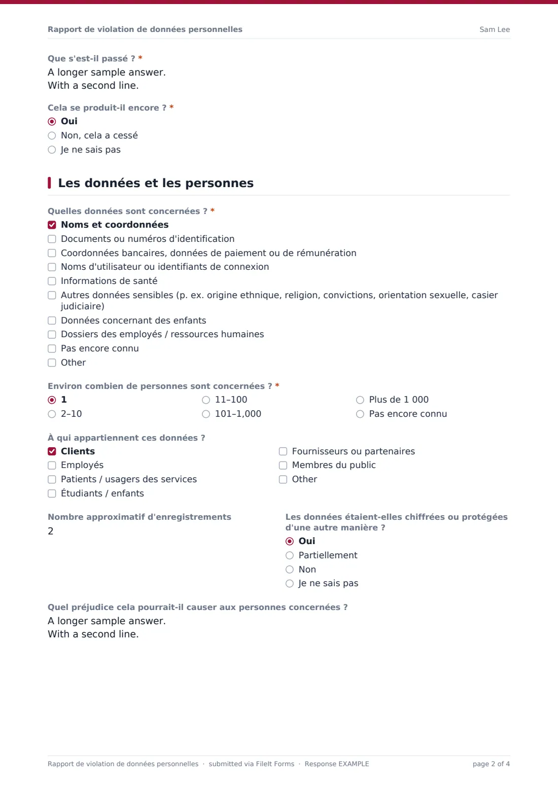 Rapport de violation de données personnelles — exemple de réponse au format PDF, page 2 sur 4