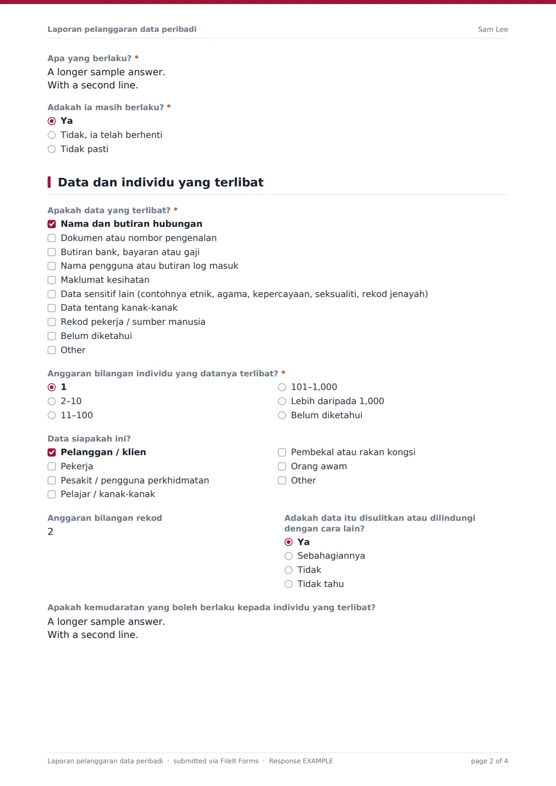 Laporan pelanggaran data peribadi — PDF respons contoh, halaman 2 daripada 4