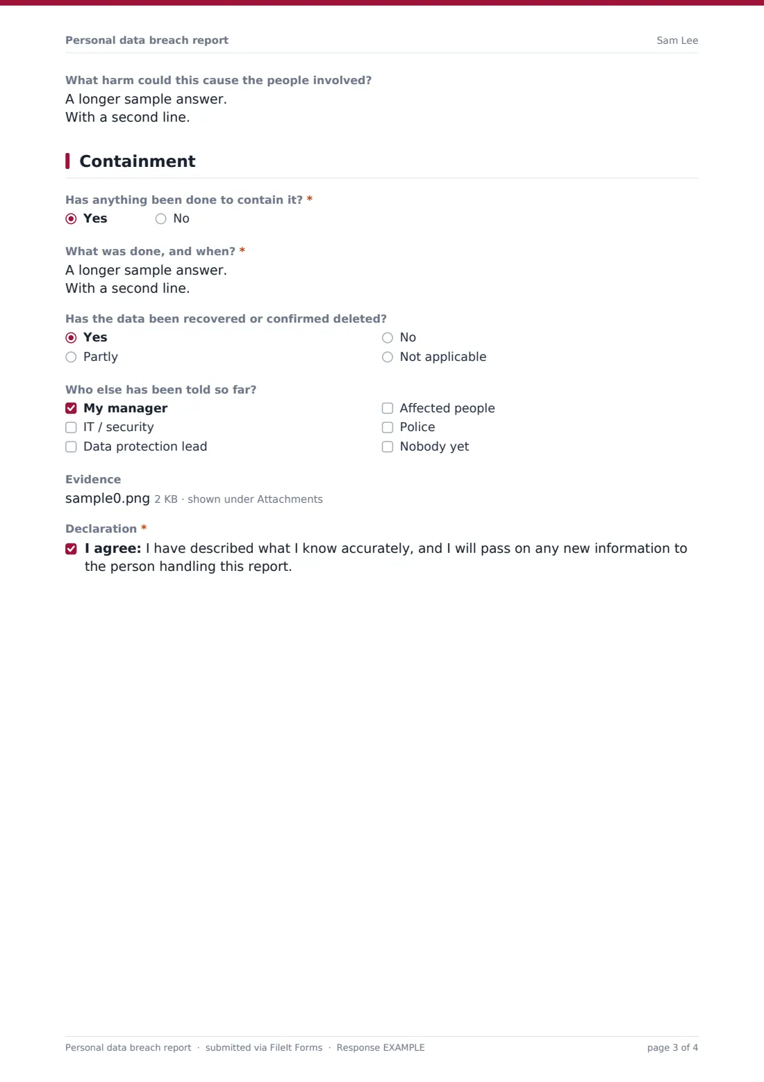 Personal data breach report — example response PDF, page 3 of 4