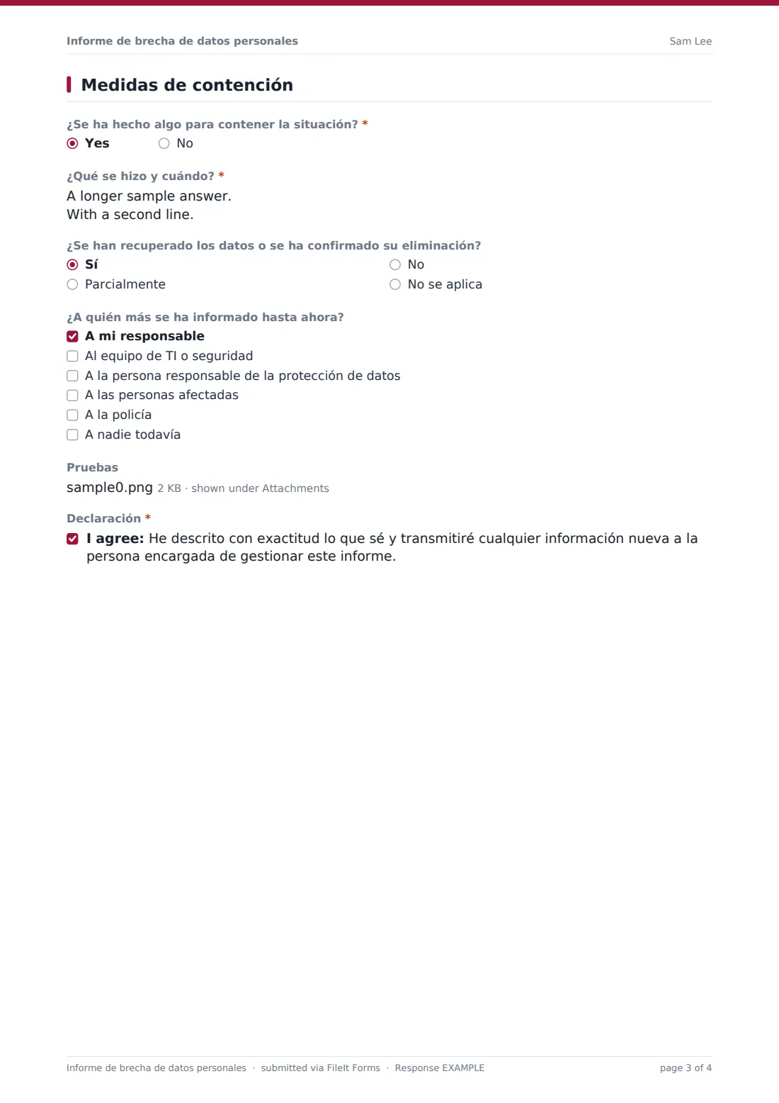 Informe de brecha de datos personales — PDF de respuesta de ejemplo, página 3 de 4