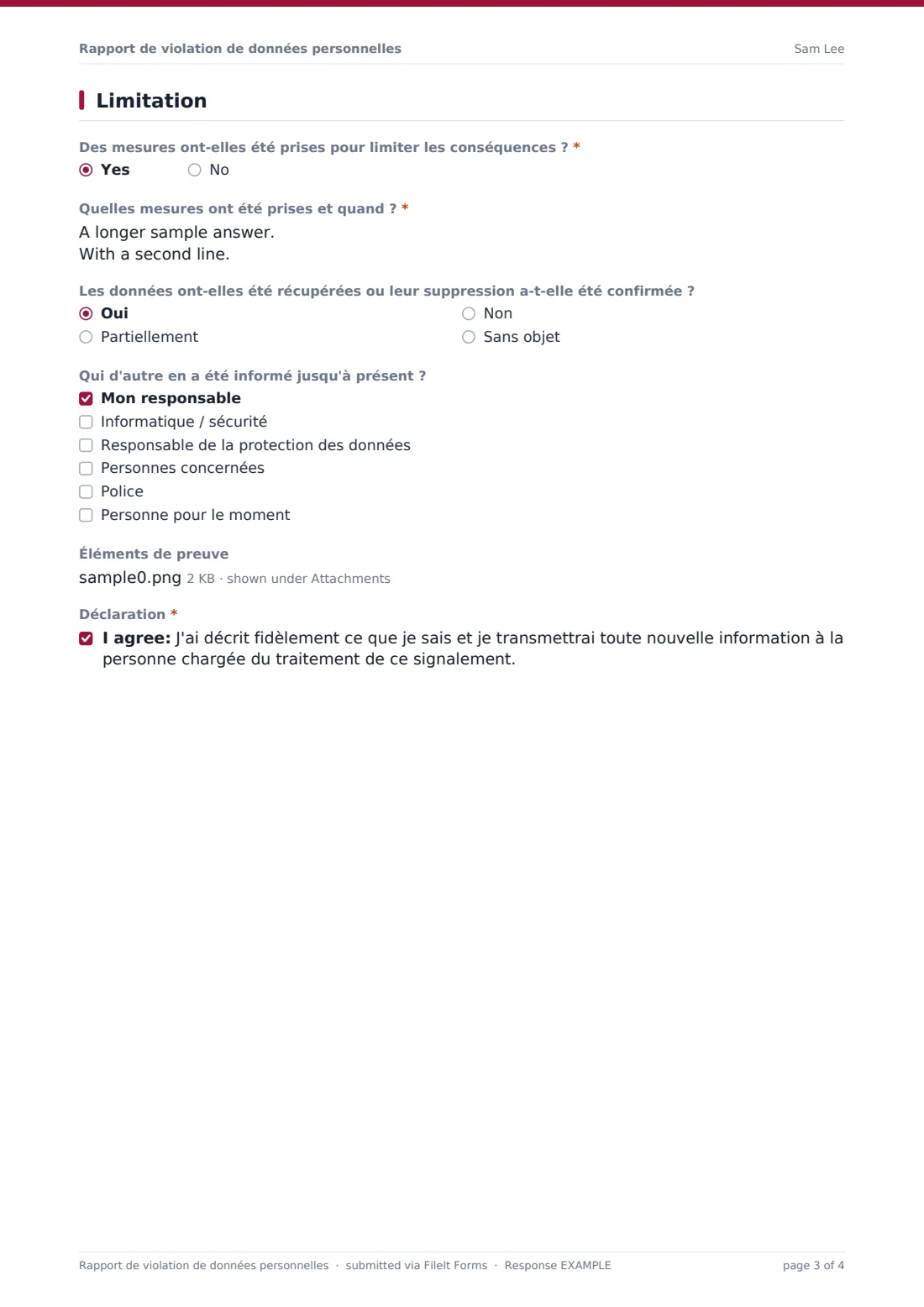 Rapport de violation de données personnelles — exemple de réponse au format PDF, page 3 sur 4