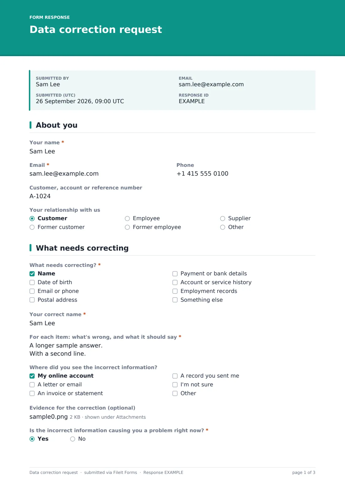 Data correction request — example response PDF, page 1 of 3
