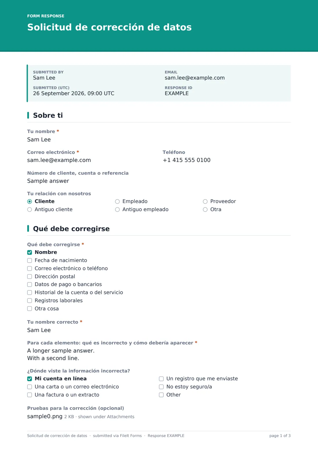 Solicitud de corrección de datos — PDF de respuesta de ejemplo, página 1 de 3