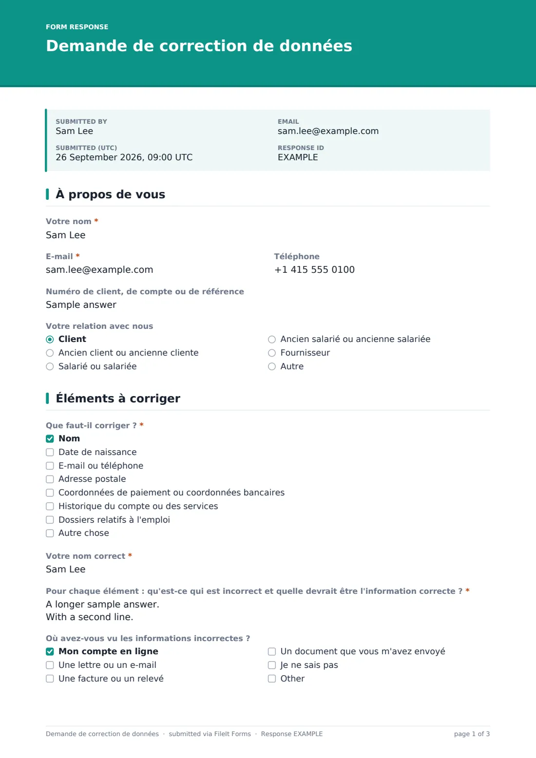 Demande de correction de données — exemple de réponse au format PDF, page 1 sur 3