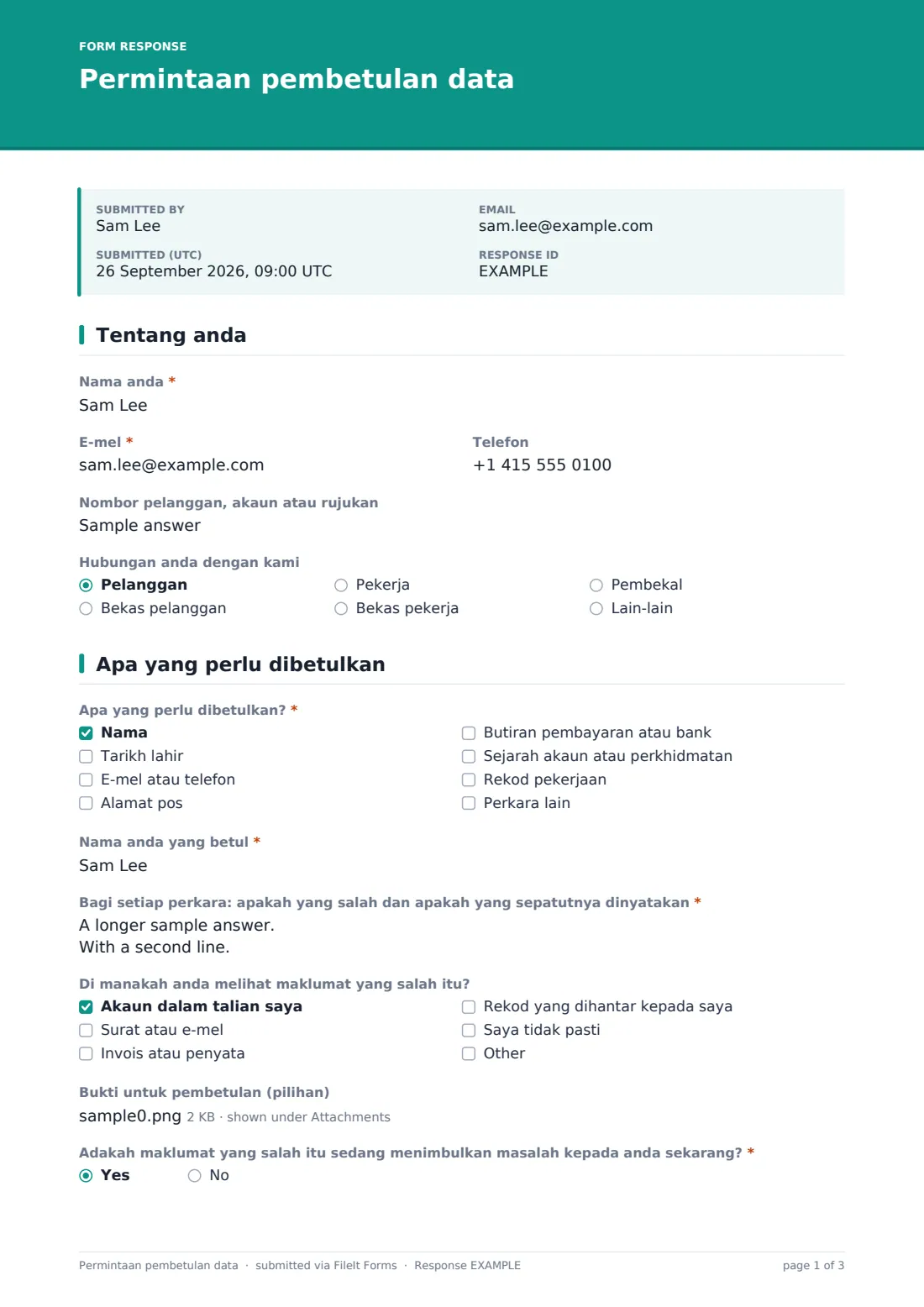 Permintaan pembetulan data — PDF respons contoh, halaman 1 daripada 3