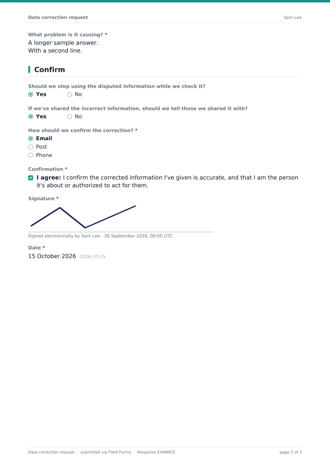 Data correction request — example response PDF, page 2 of 3