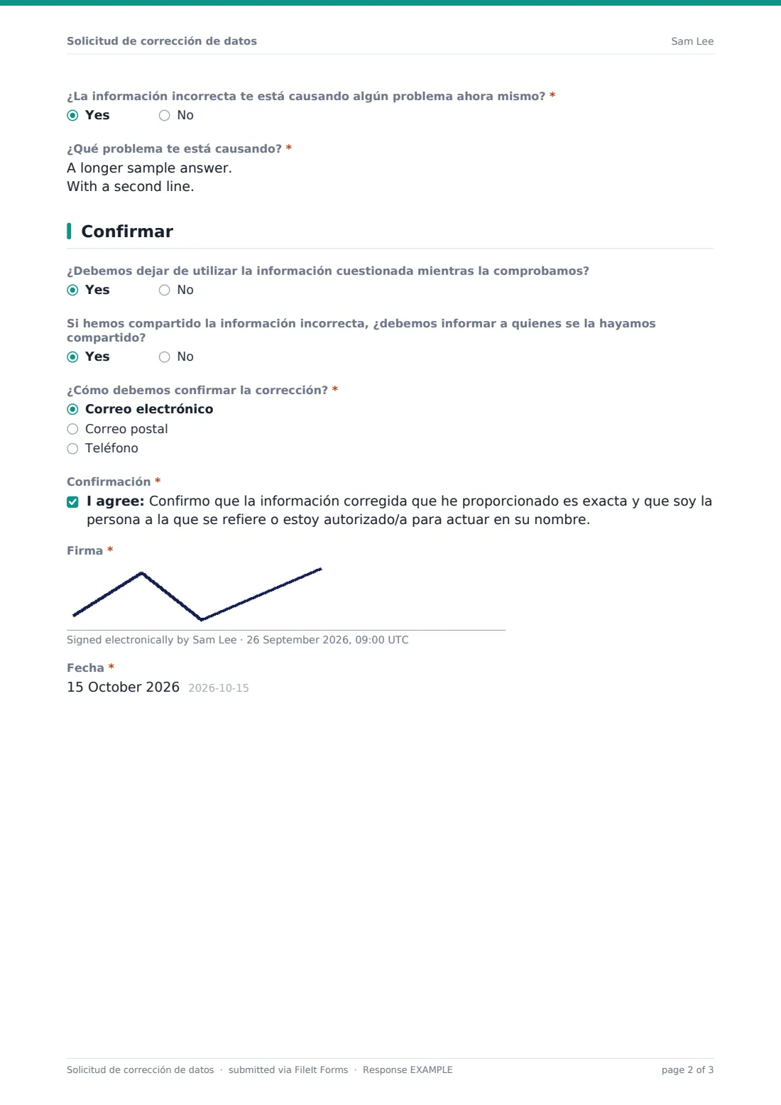 Solicitud de corrección de datos — PDF de respuesta de ejemplo, página 2 de 3