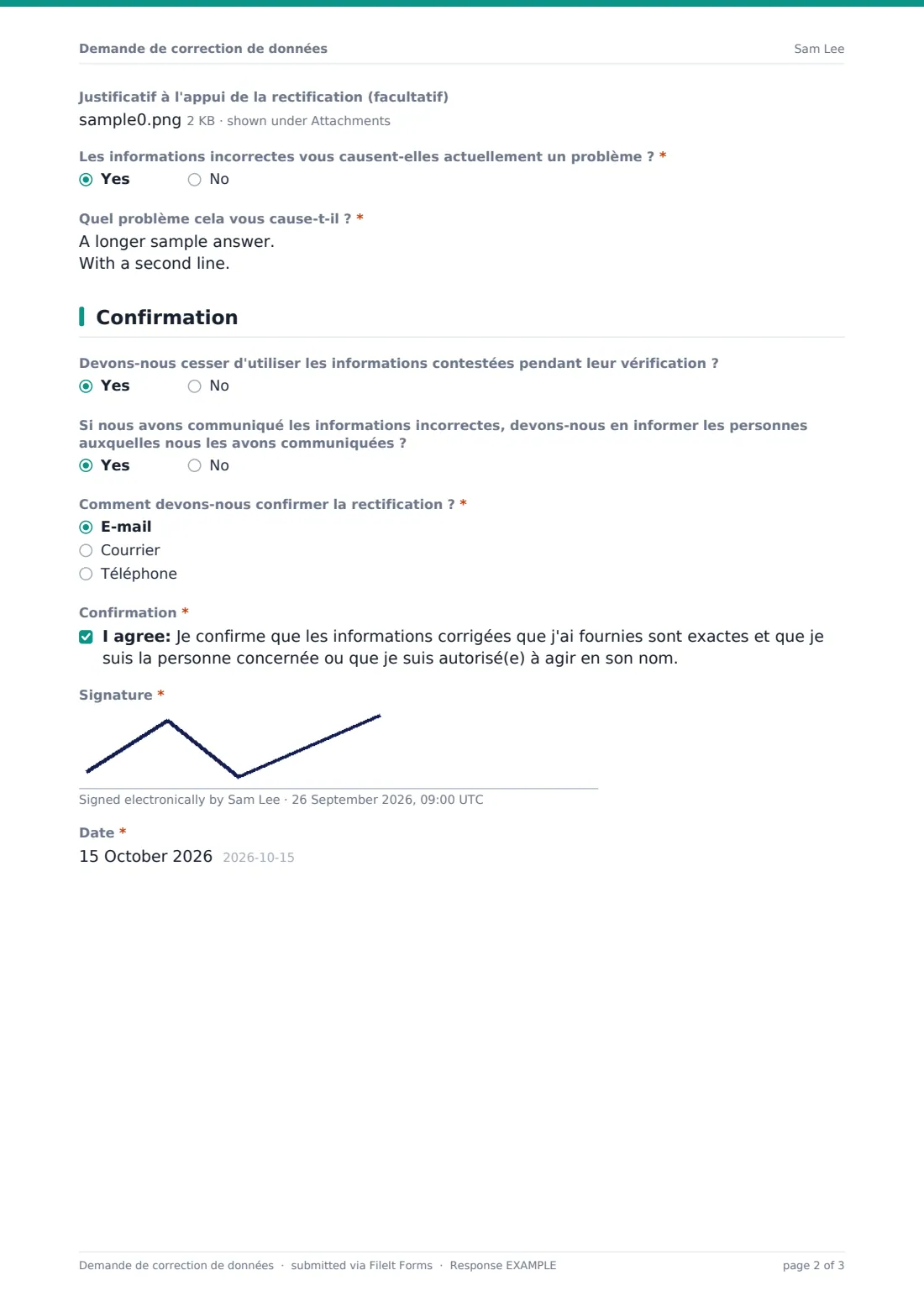 Demande de correction de données — exemple de réponse au format PDF, page 2 sur 3