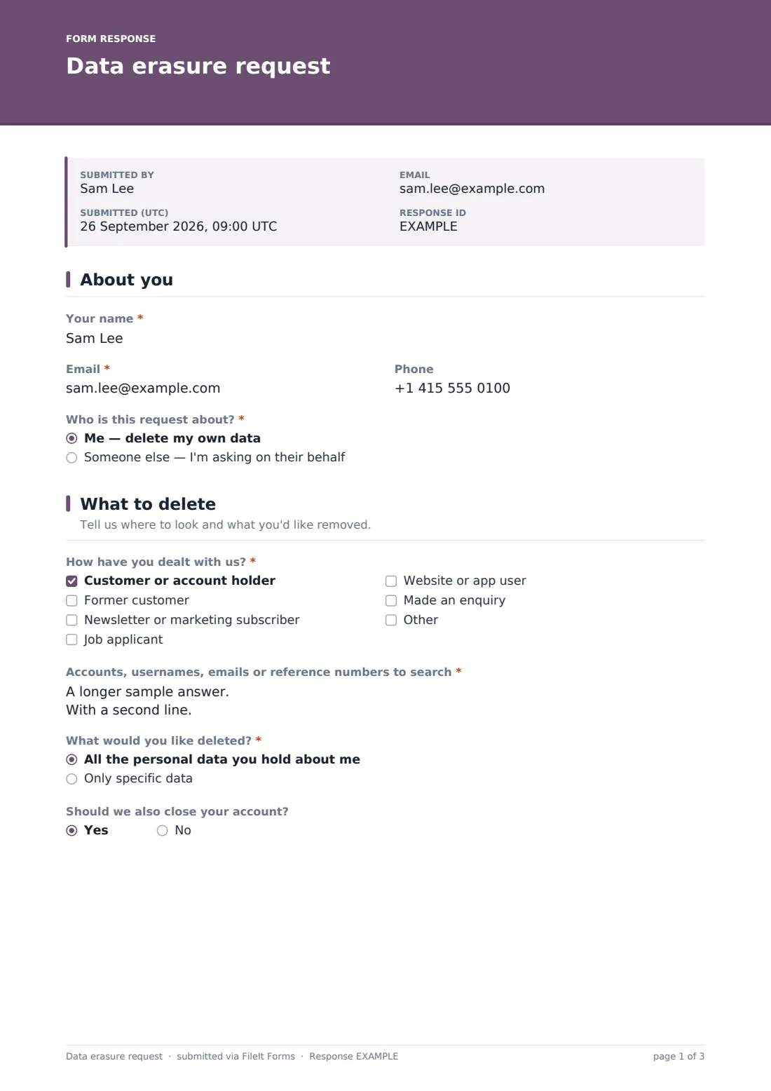 Data erasure request — example response PDF, page 1 of 3
