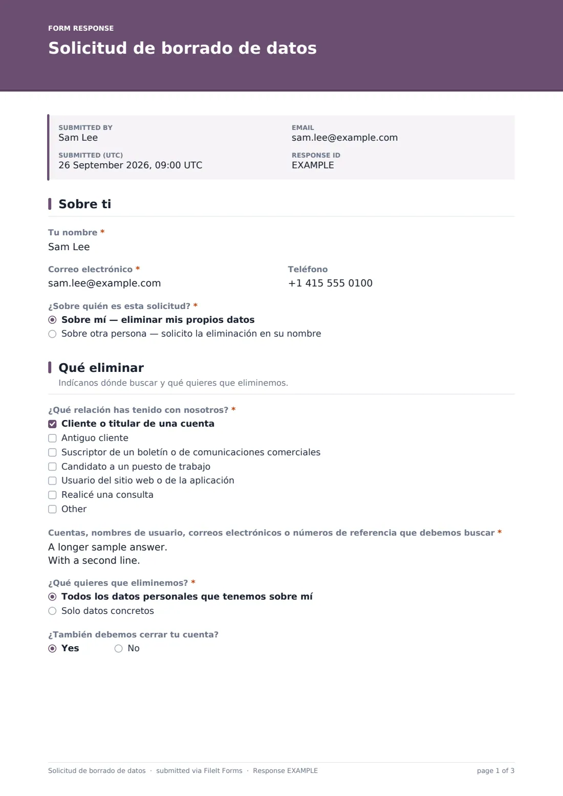 Solicitud de borrado de datos — PDF de respuesta de ejemplo, página 1 de 3
