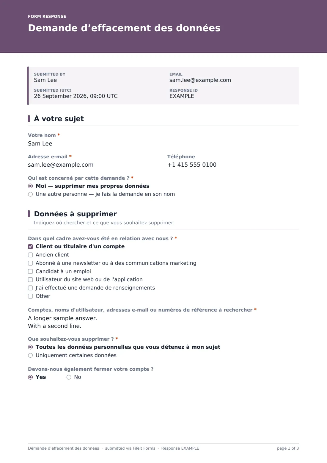 Demande d’effacement des données — exemple de réponse au format PDF, page 1 sur 3