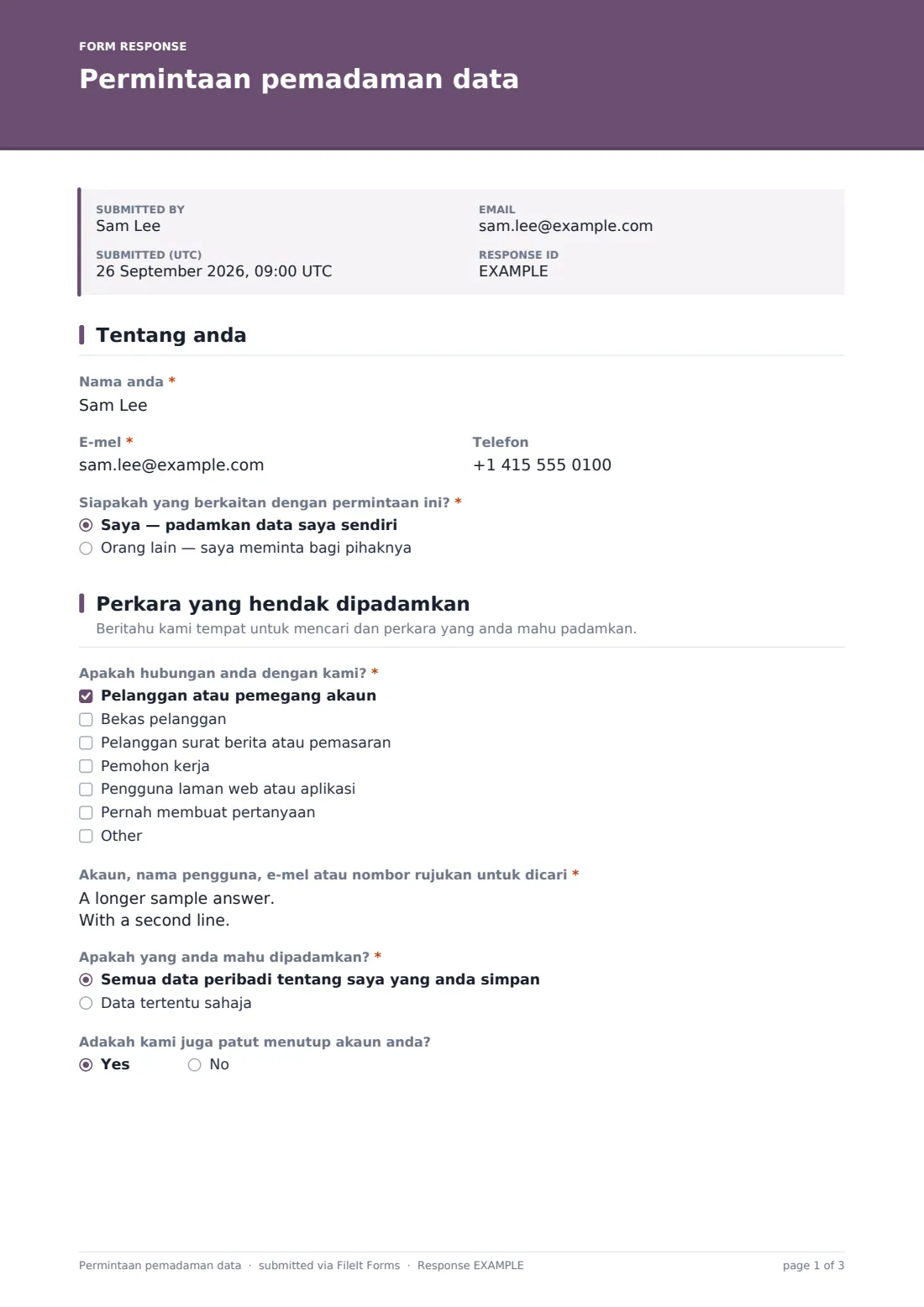 Permintaan pemadaman data — PDF respons contoh, halaman 1 daripada 3