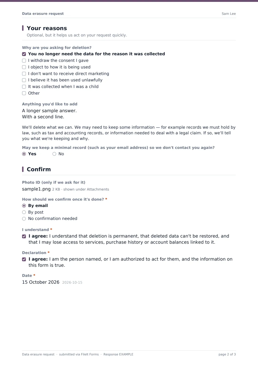 Data erasure request — example response PDF, page 2 of 3