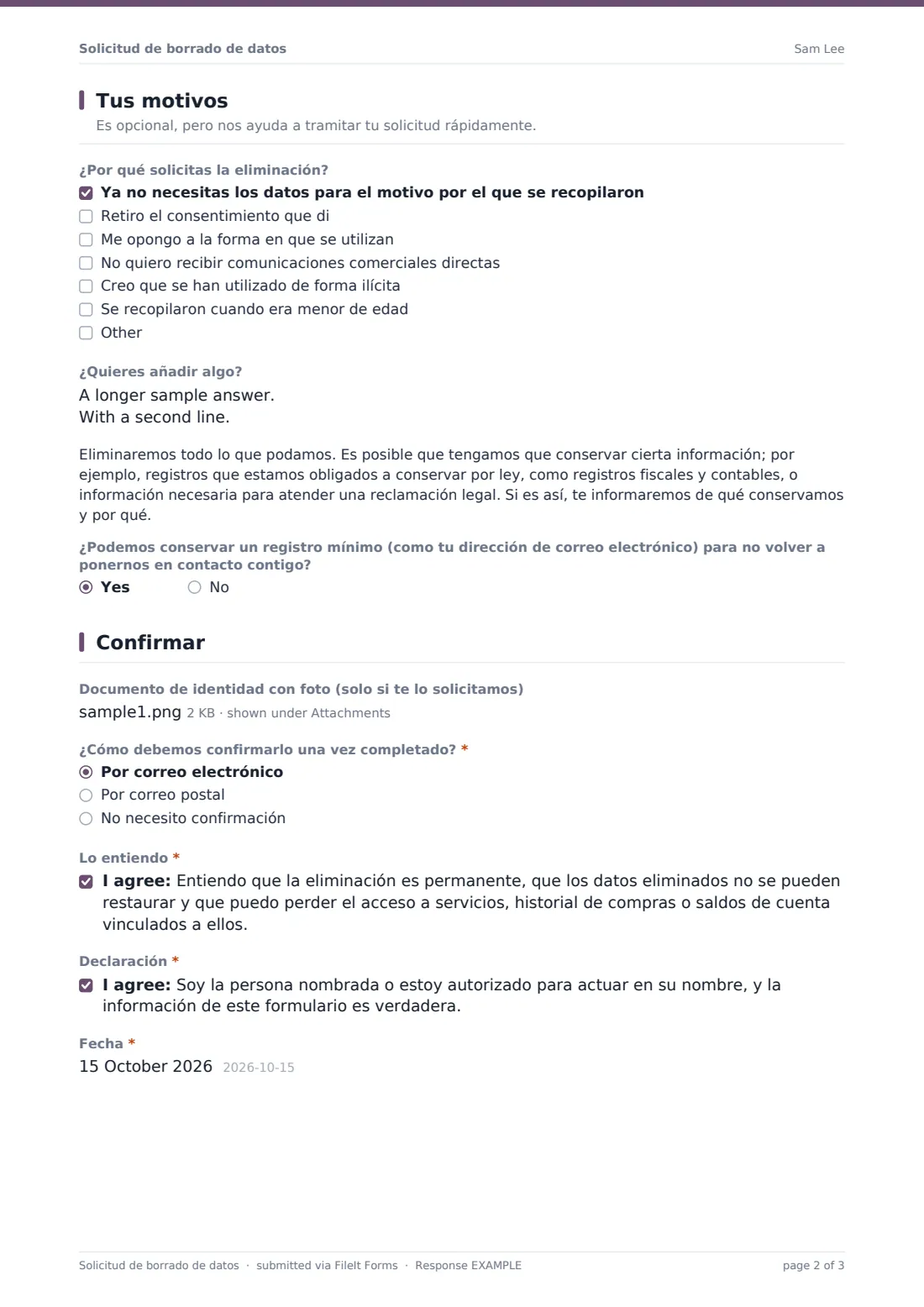 Solicitud de borrado de datos — PDF de respuesta de ejemplo, página 2 de 3