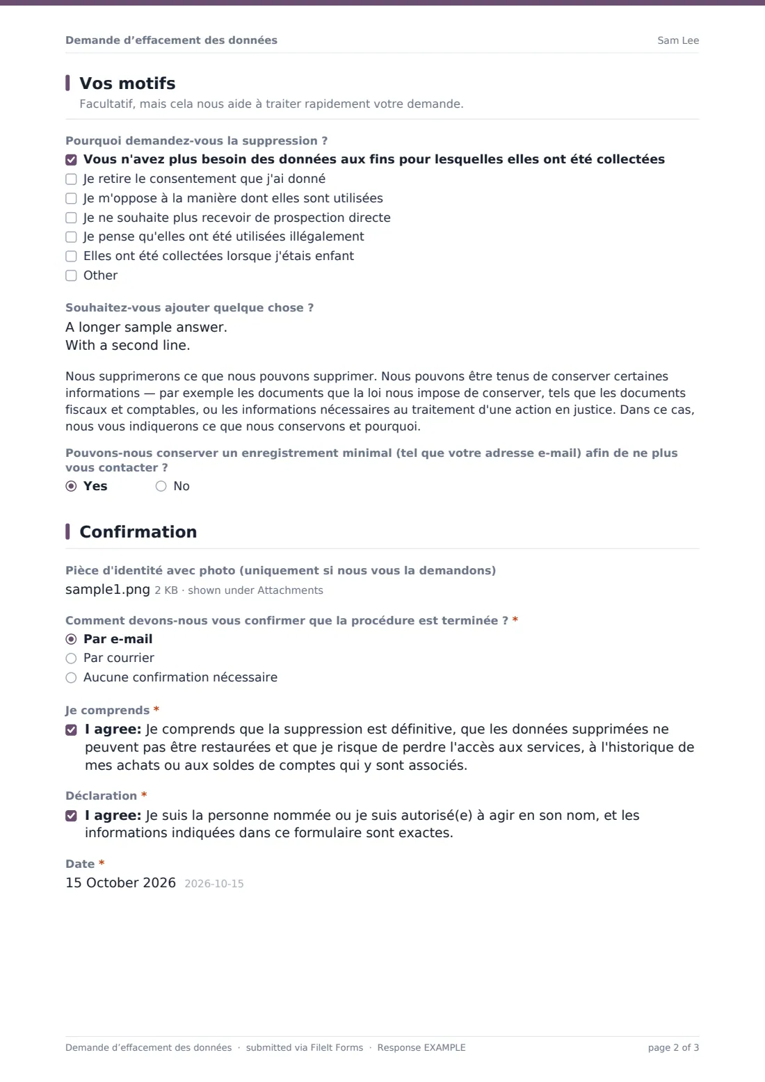 Demande d’effacement des données — exemple de réponse au format PDF, page 2 sur 3