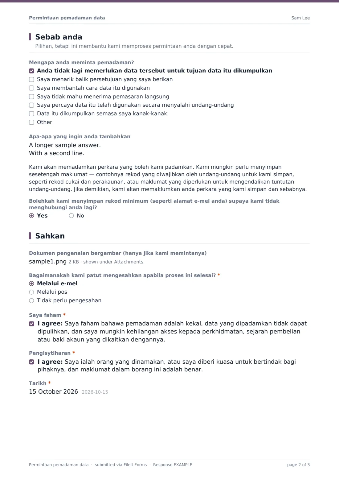 Permintaan pemadaman data — PDF respons contoh, halaman 2 daripada 3