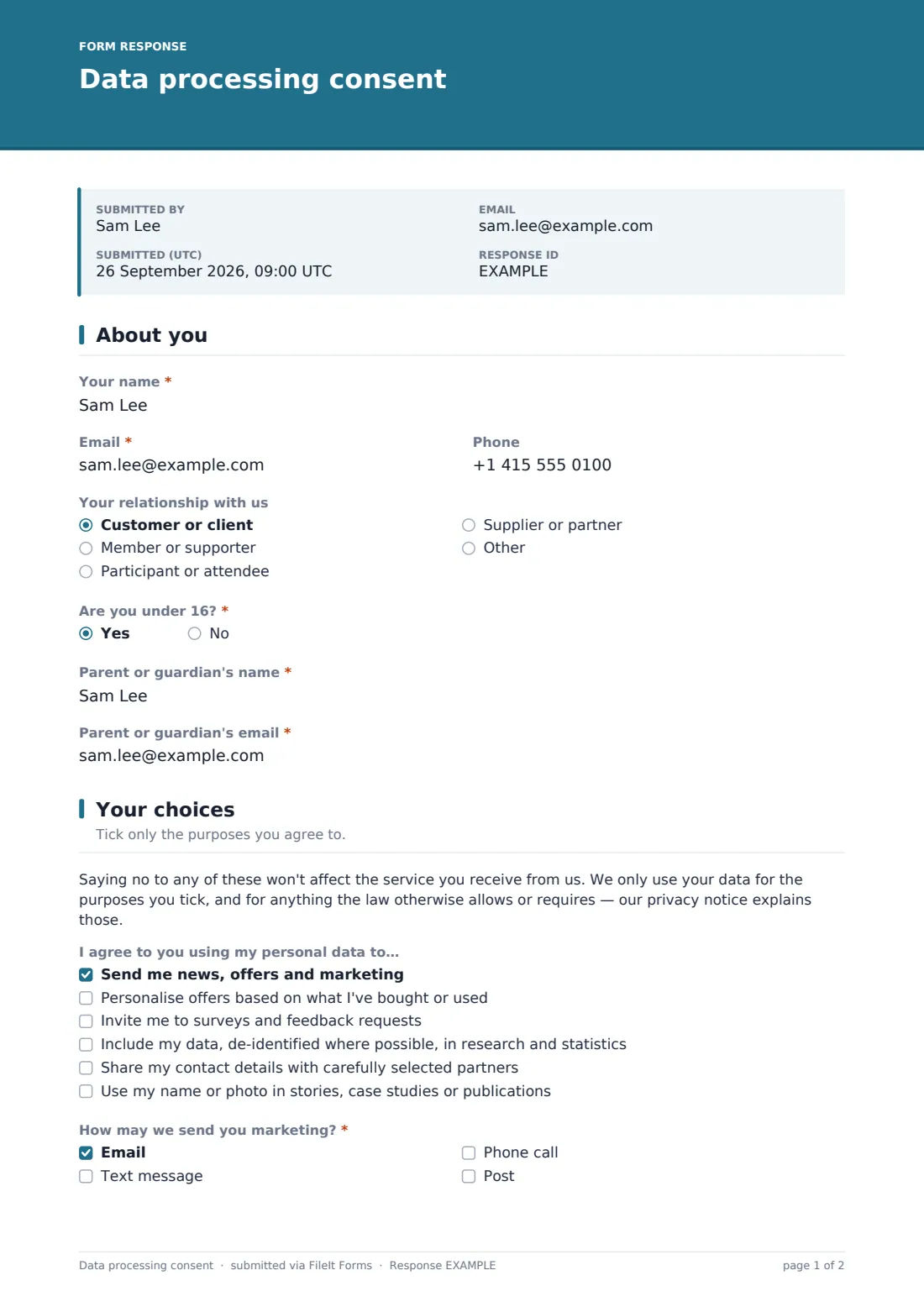 Data processing consent — example response PDF, page 1 of 2
