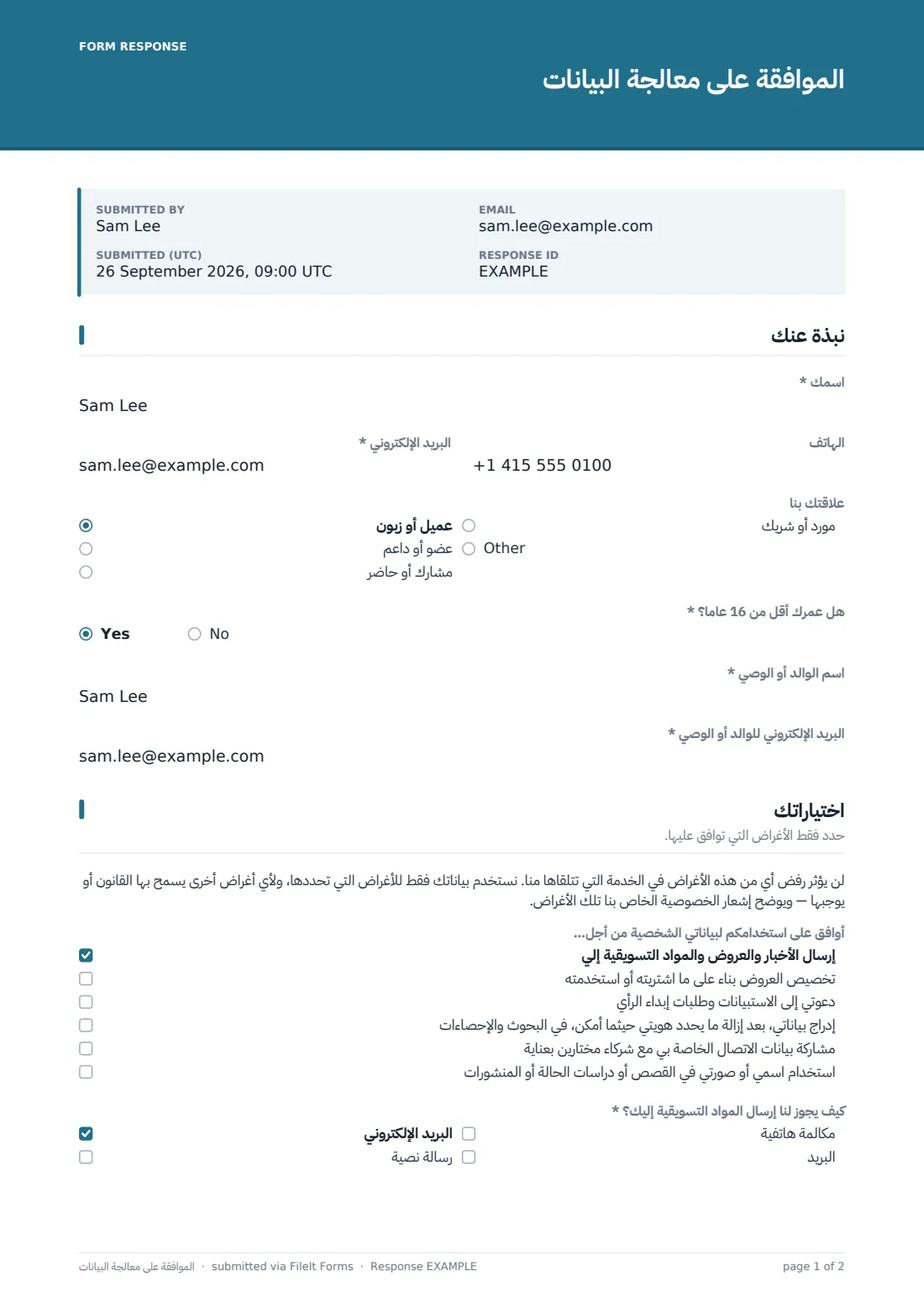الموافقة على معالجة البيانات — ملف PDF لرد نموذجي، الصفحة 1 من 2