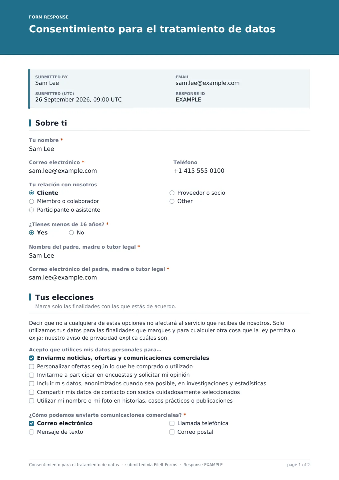 Consentimiento para el tratamiento de datos — PDF de respuesta de ejemplo, página 1 de 2