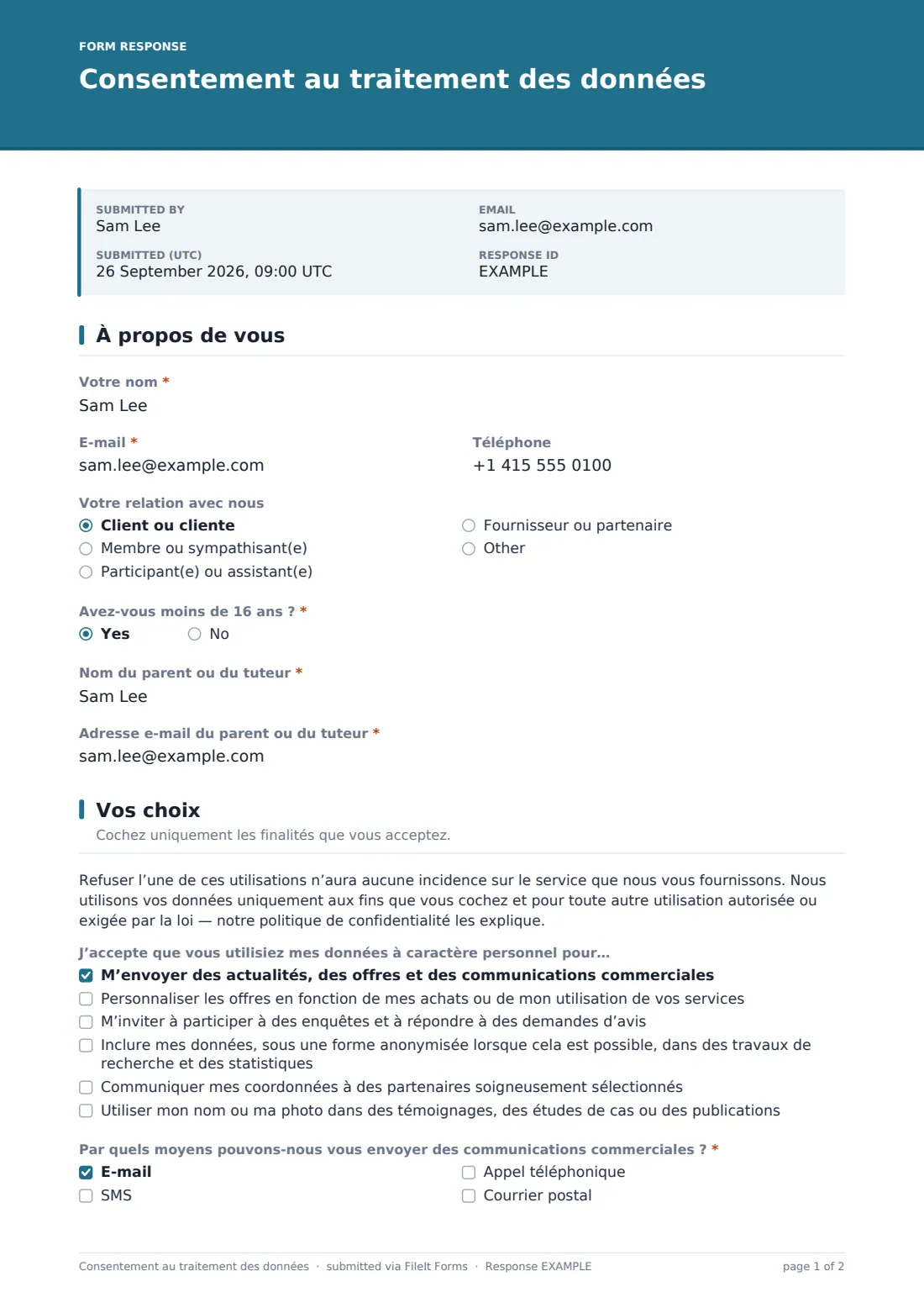 Consentement au traitement des données — exemple de réponse au format PDF, page 1 sur 2
