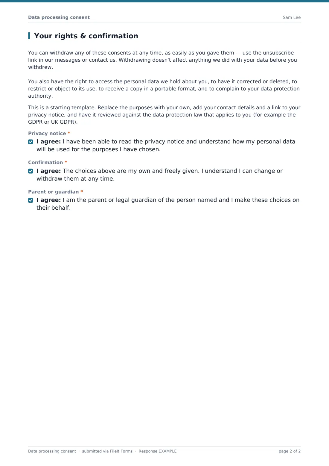 Data processing consent — example response PDF, page 2 of 2