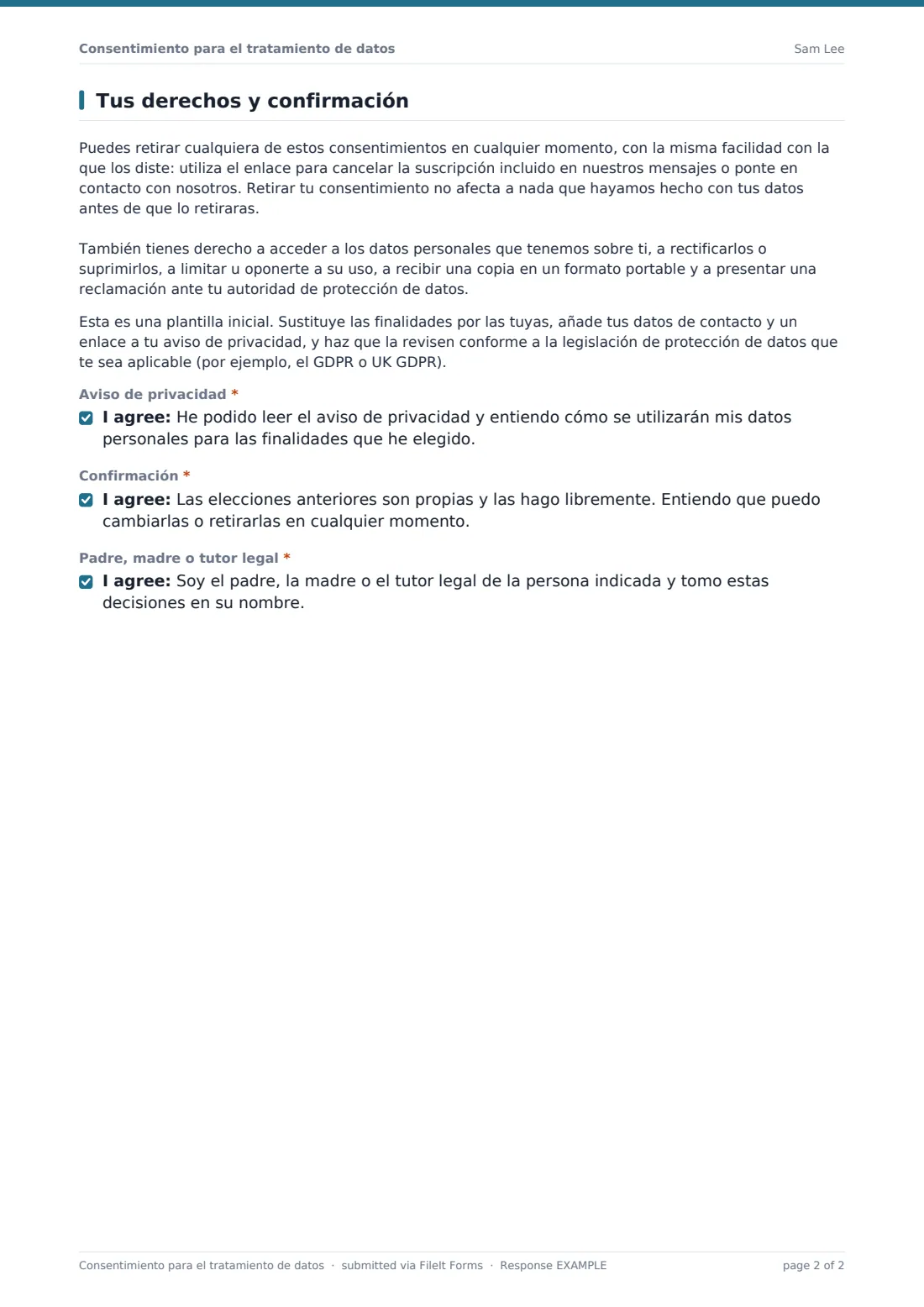 Consentimiento para el tratamiento de datos — PDF de respuesta de ejemplo, página 2 de 2