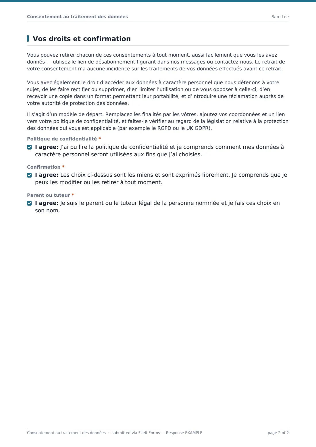 Consentement au traitement des données — exemple de réponse au format PDF, page 2 sur 2