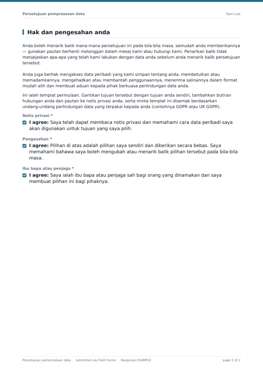 Persetujuan pemprosesan data — PDF respons contoh, halaman 2 daripada 2