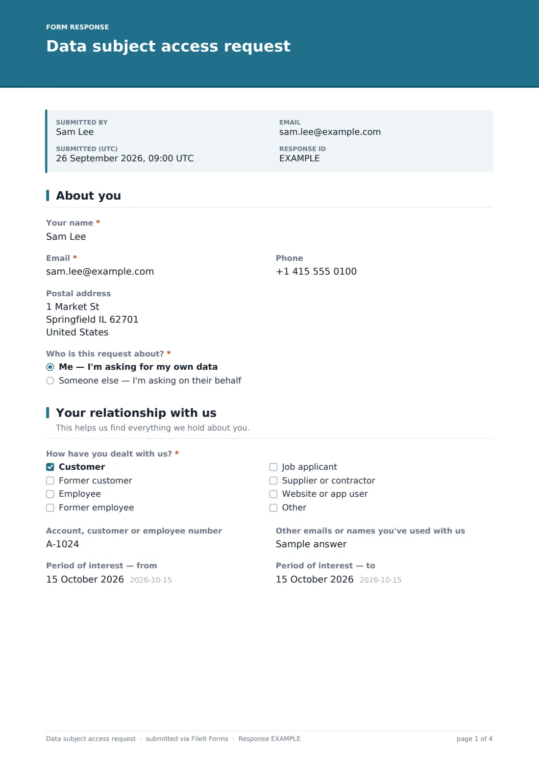 Data subject access request — example response PDF, page 1 of 4