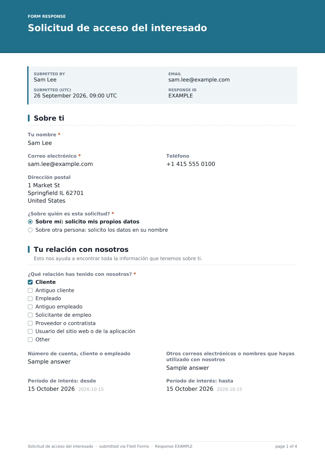 Solicitud de acceso del interesado — PDF de respuesta de ejemplo, página 1 de 4