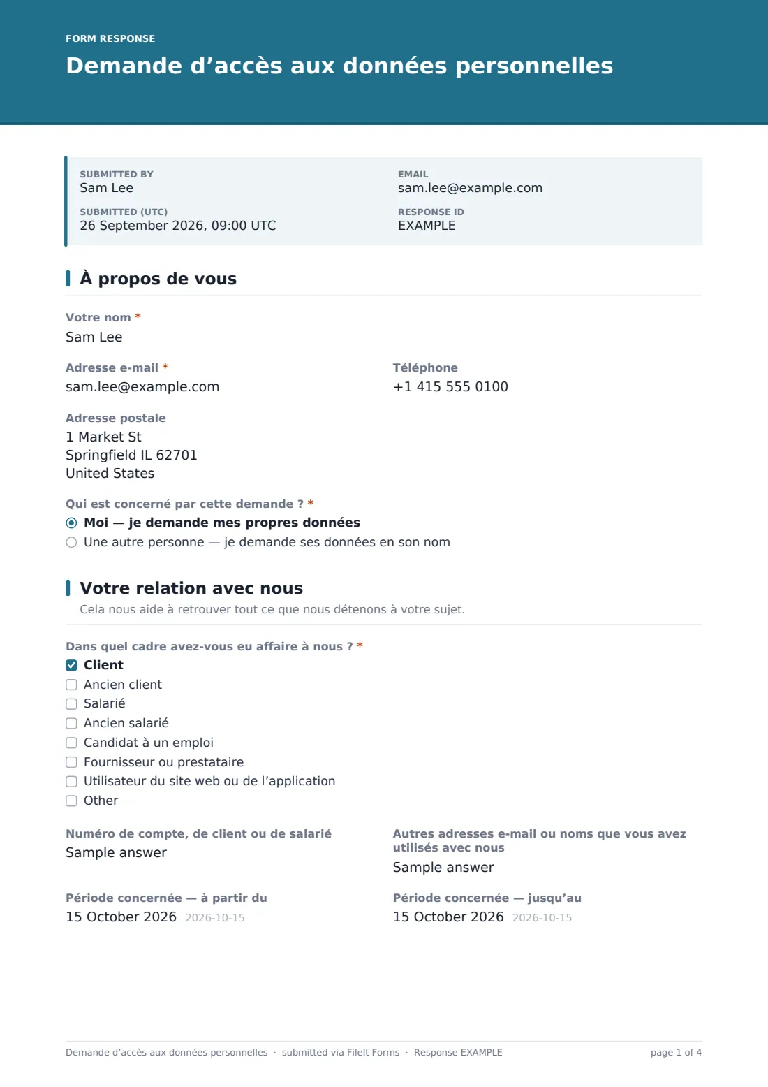 Demande d’accès aux données personnelles — exemple de réponse au format PDF, page 1 sur 4