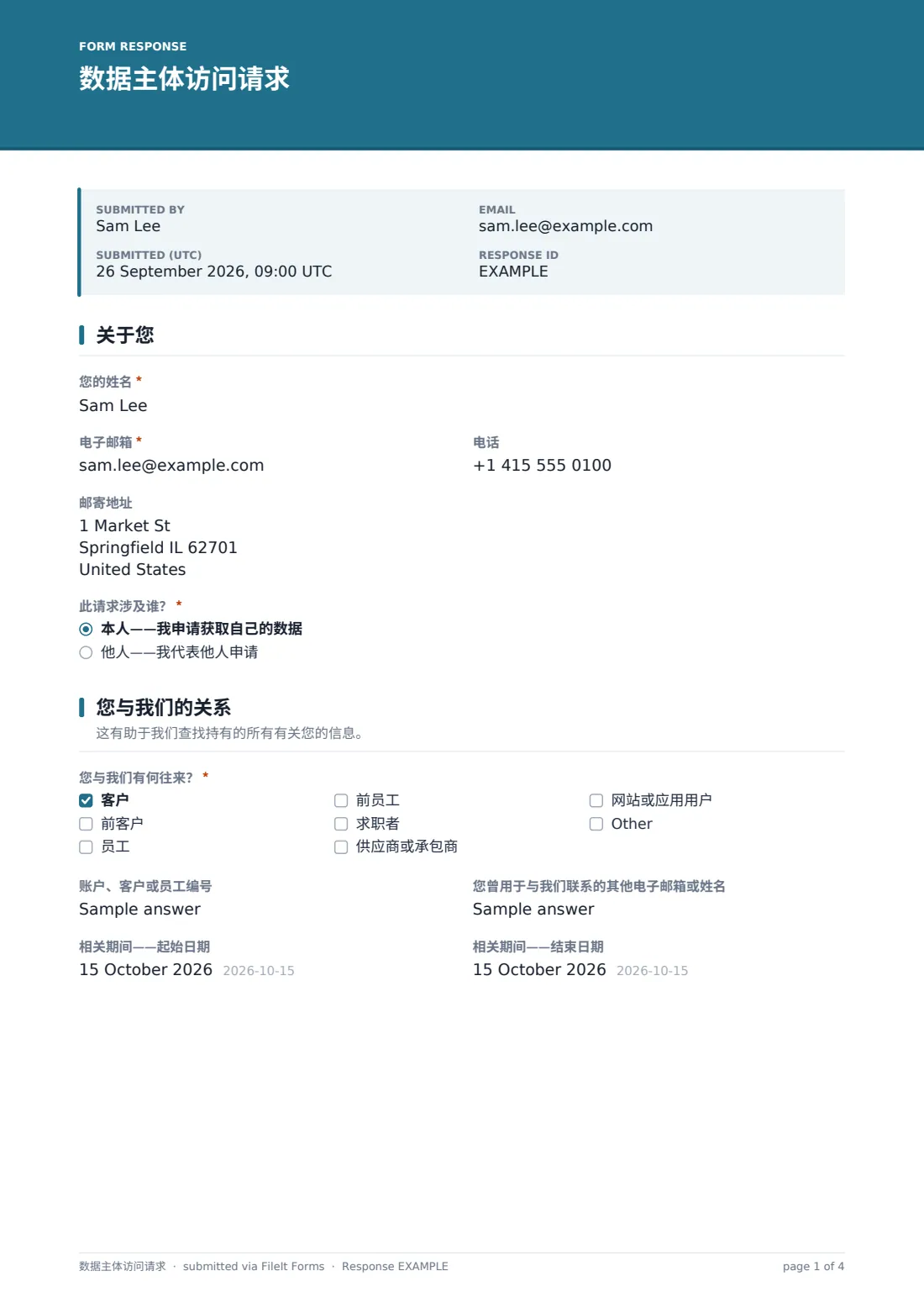 数据主体访问请求 — 示例回复 PDF，第 1 页，共 4 页