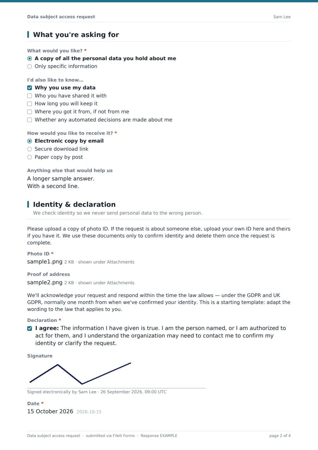 Data subject access request — example response PDF, page 2 of 4