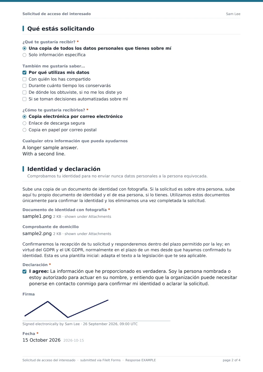 Solicitud de acceso del interesado — PDF de respuesta de ejemplo, página 2 de 4