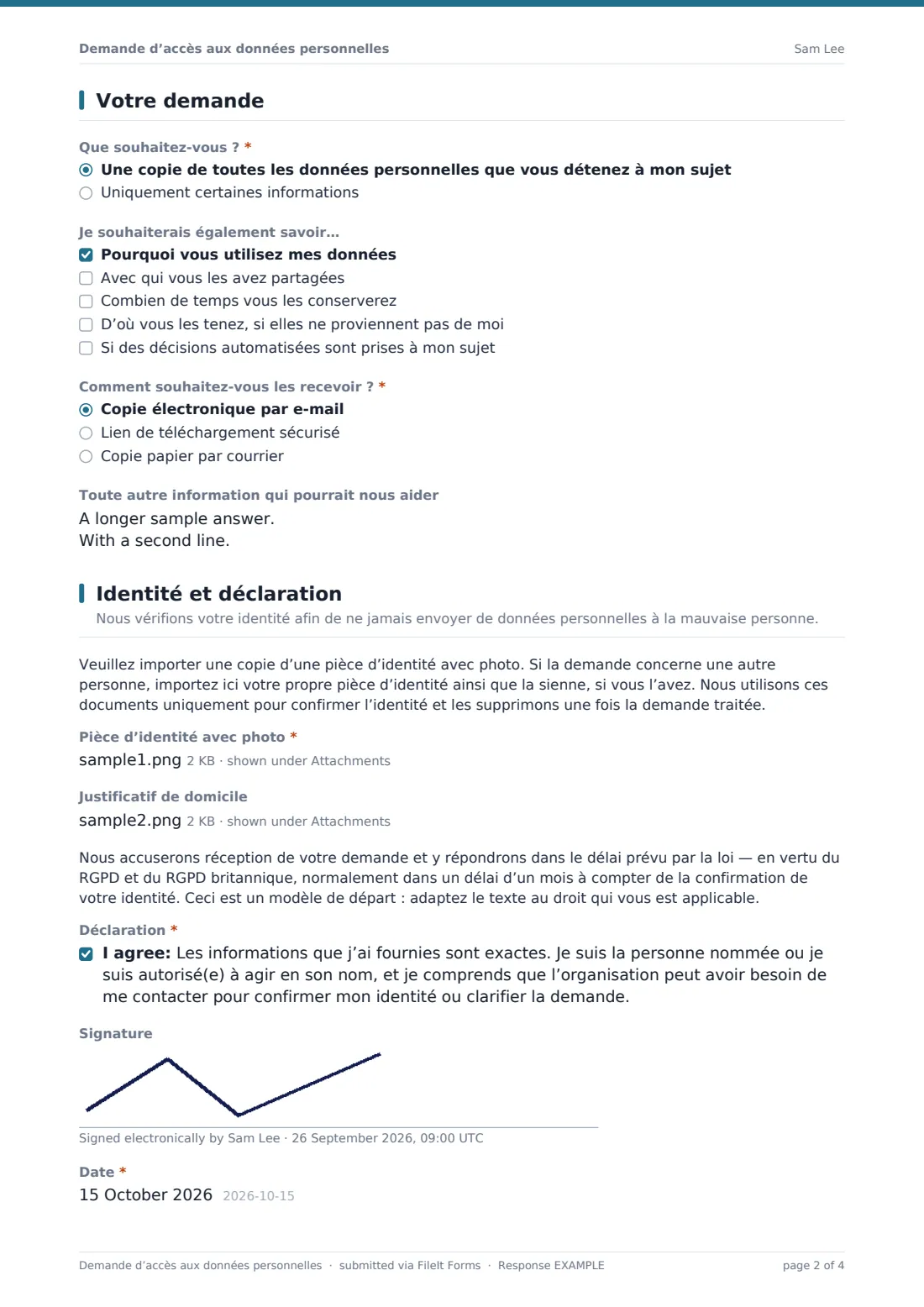 Demande d’accès aux données personnelles — exemple de réponse au format PDF, page 2 sur 4