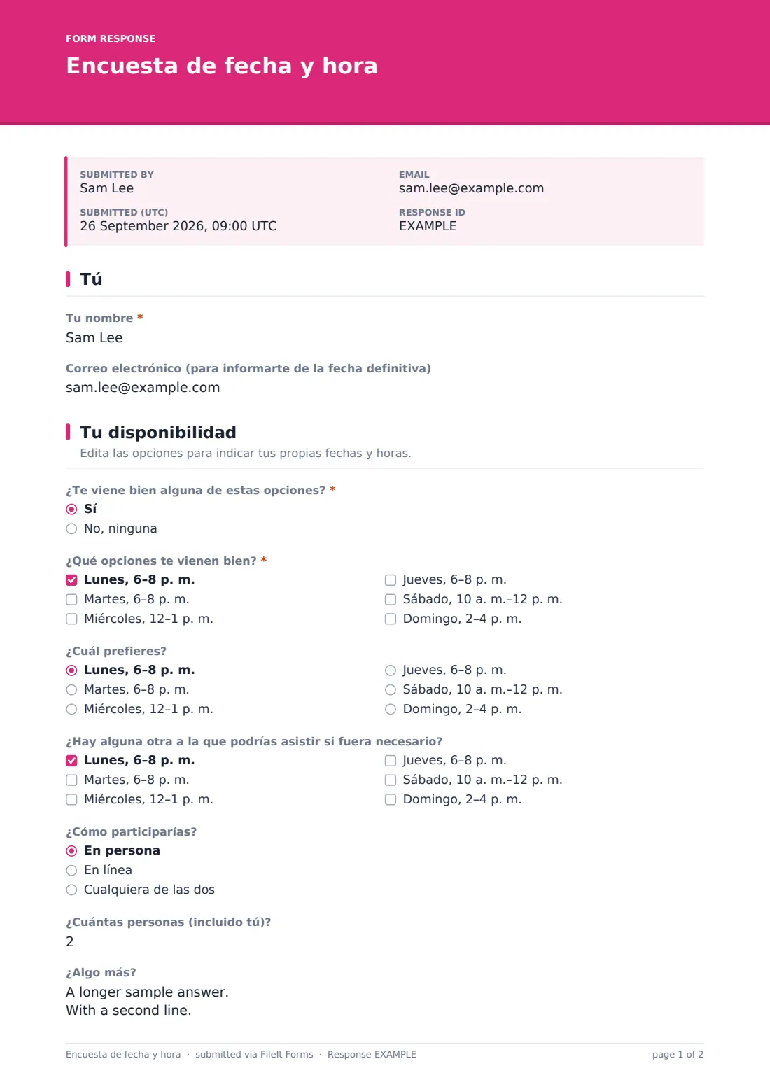 Encuesta de fecha y hora — PDF de respuesta de ejemplo, página 1 de 2