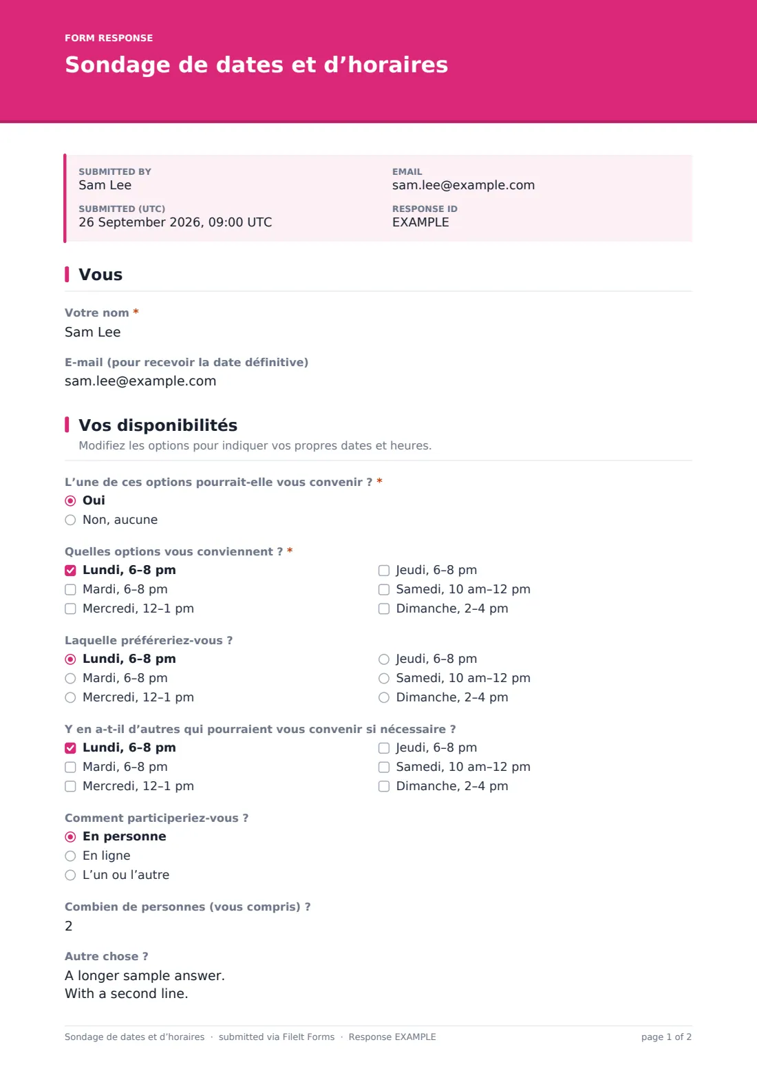 Sondage de dates et d’horaires — exemple de réponse au format PDF, page 1 sur 2