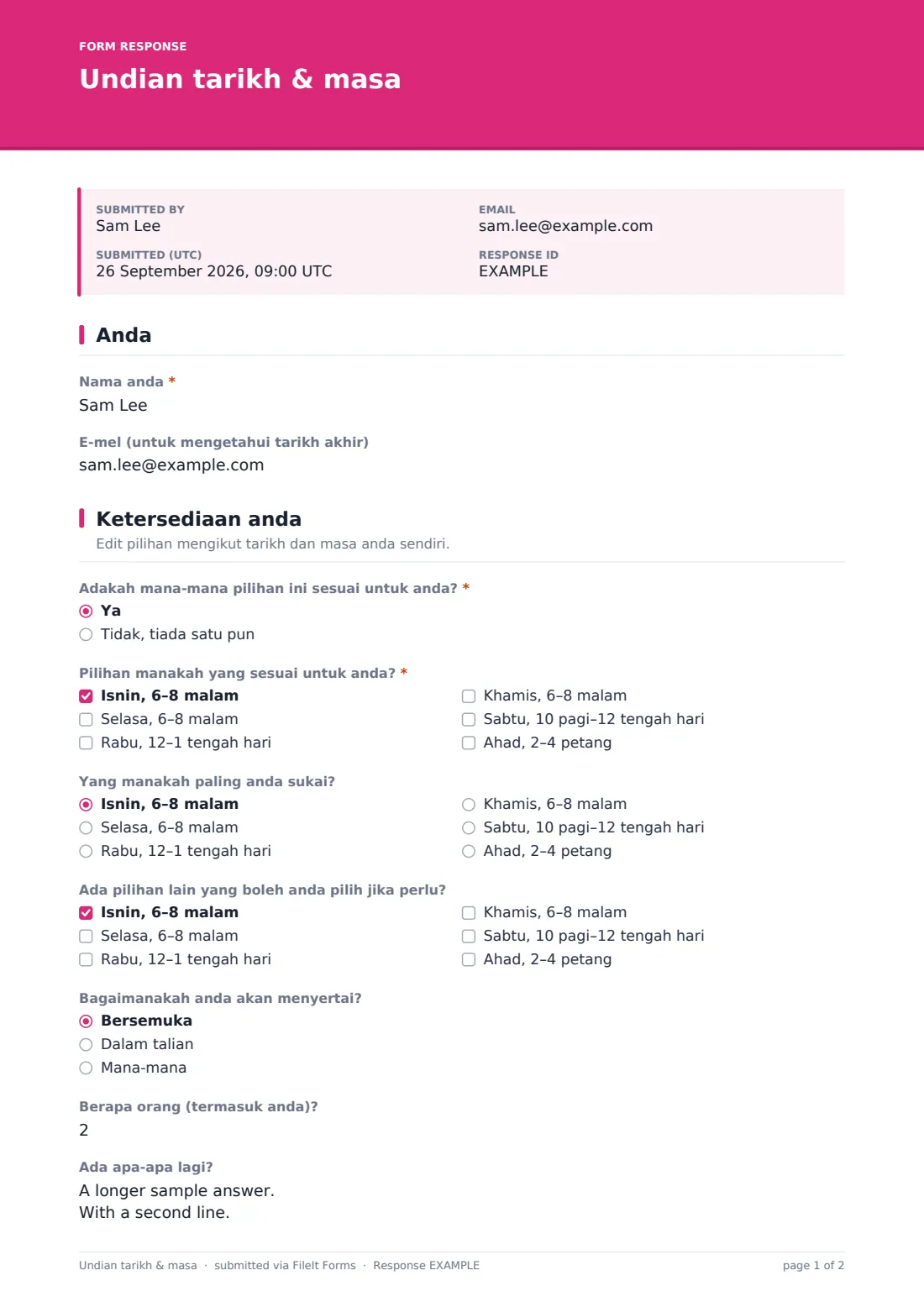 Undian tarikh & masa — PDF respons contoh, halaman 1 daripada 2