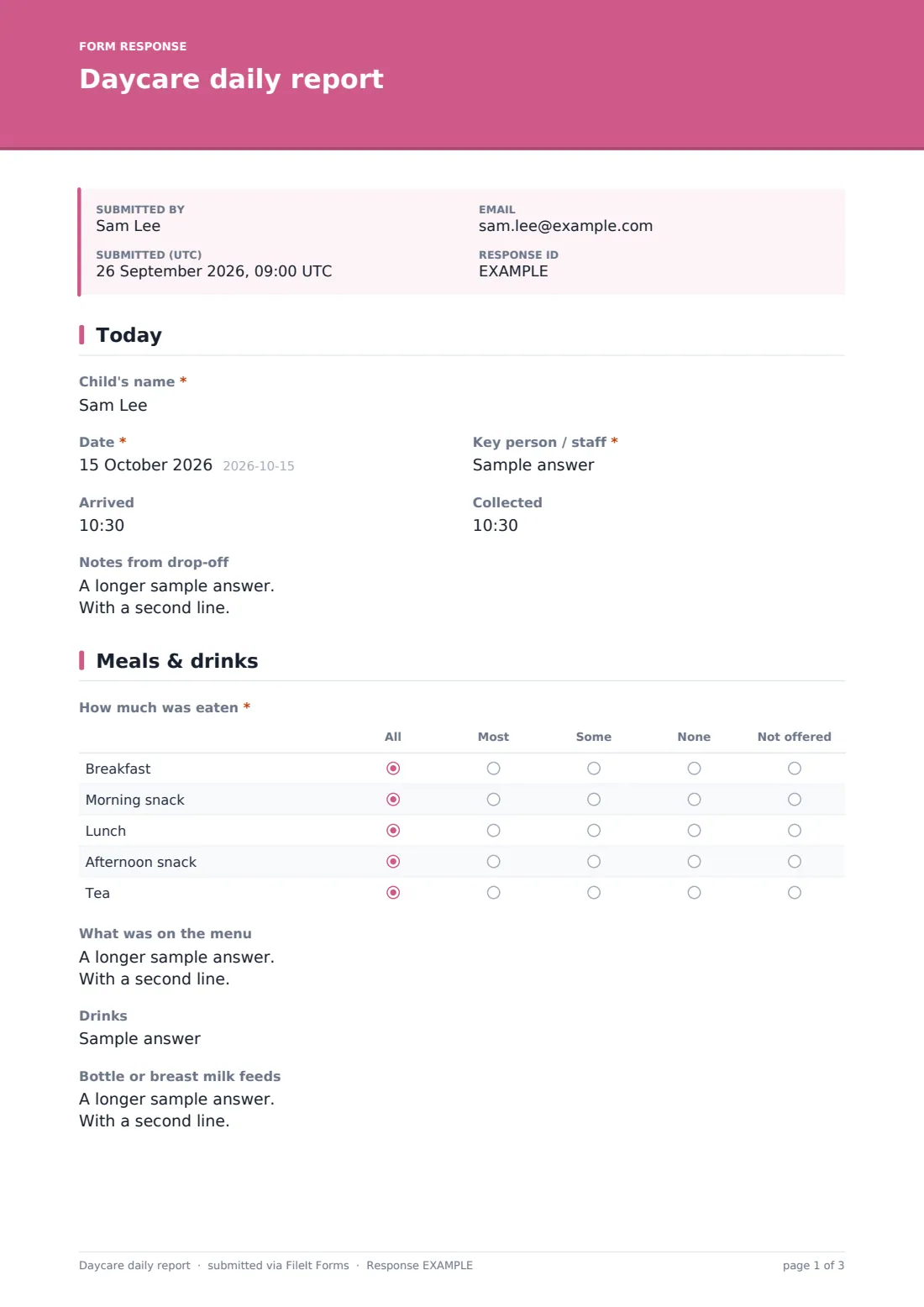 Daycare daily report — example response PDF, page 1 of 3