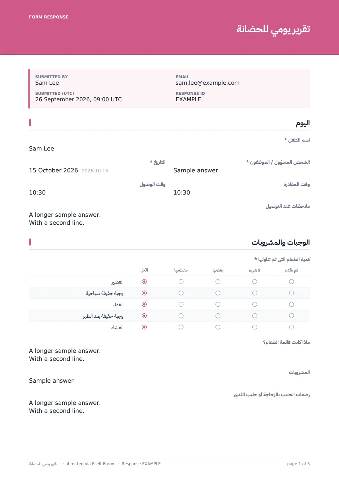 تقرير يومي للحضانة — ملف PDF لرد نموذجي، الصفحة 1 من 3