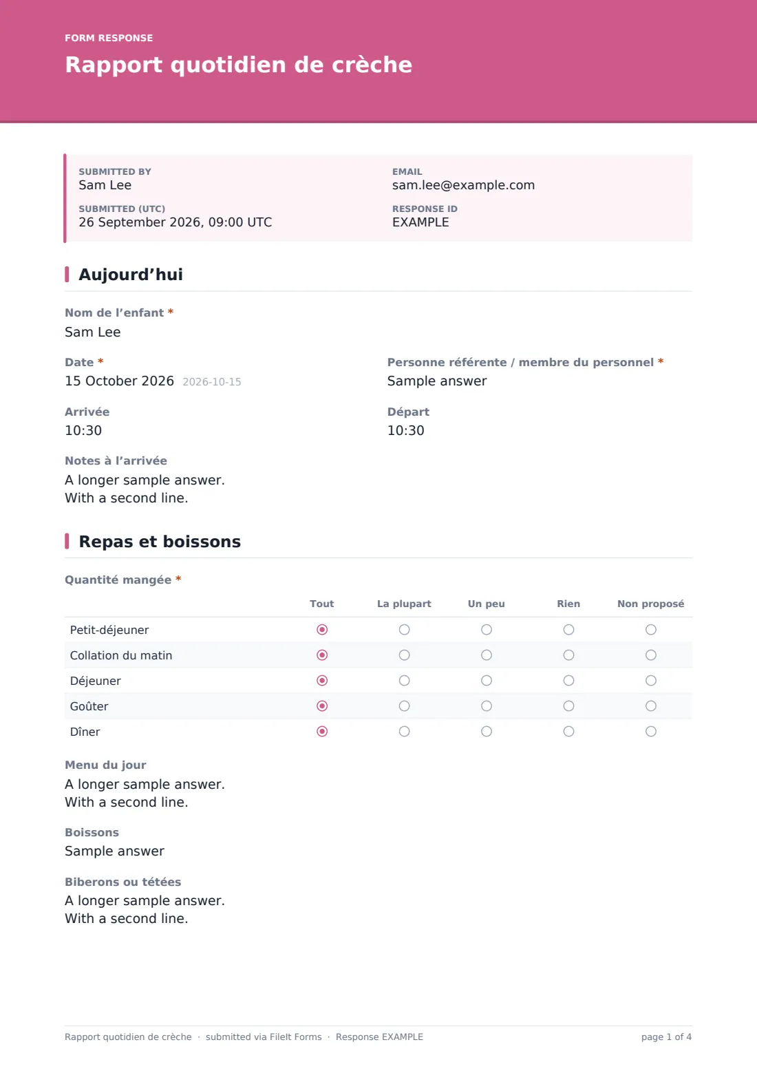 Rapport quotidien de crèche — exemple de réponse au format PDF, page 1 sur 4