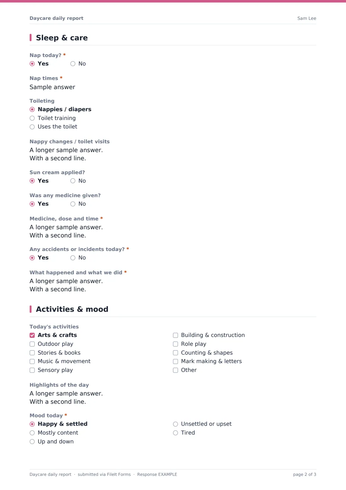 Daycare daily report — example response PDF, page 2 of 3